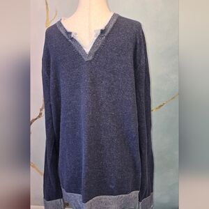 Blue And White Layered Look V-Neck Lightweight Soft Knit 100% Cotton Sweater L